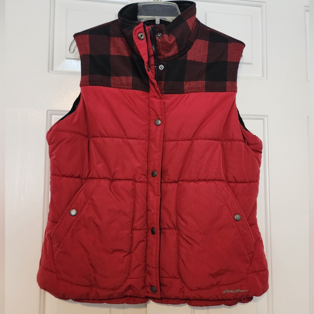 Eddie Bauer Red Buffalo Plaid Mock Neck Snap Button Men's Puffer Vest Size XL